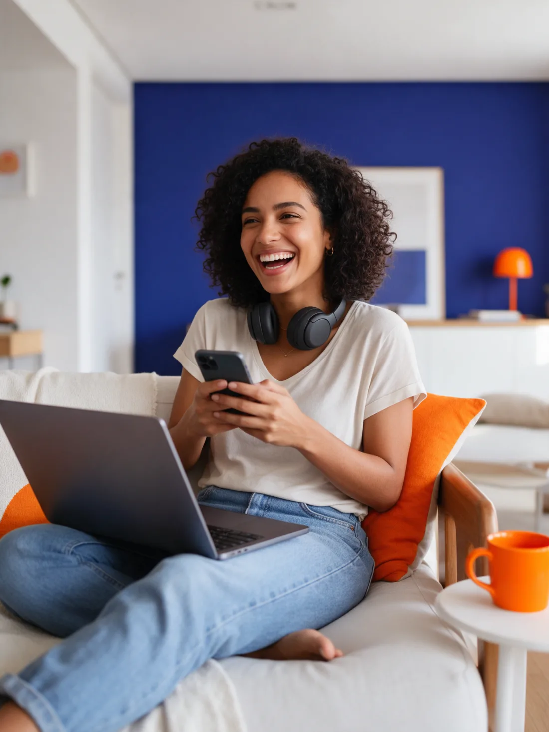 Cliente sorrindo usando celular e notebook no sofá de casa com internet fibra